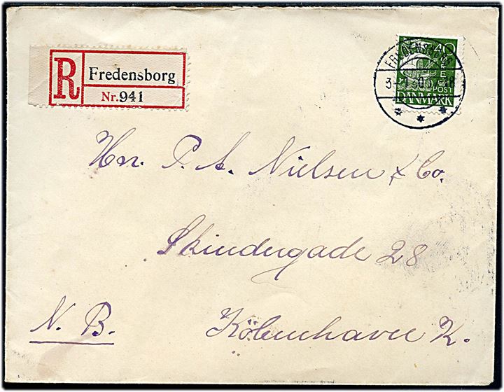 40 øre Karavel single på anbefalet brev fra Fredensborg d. 3.1.1930 til København.