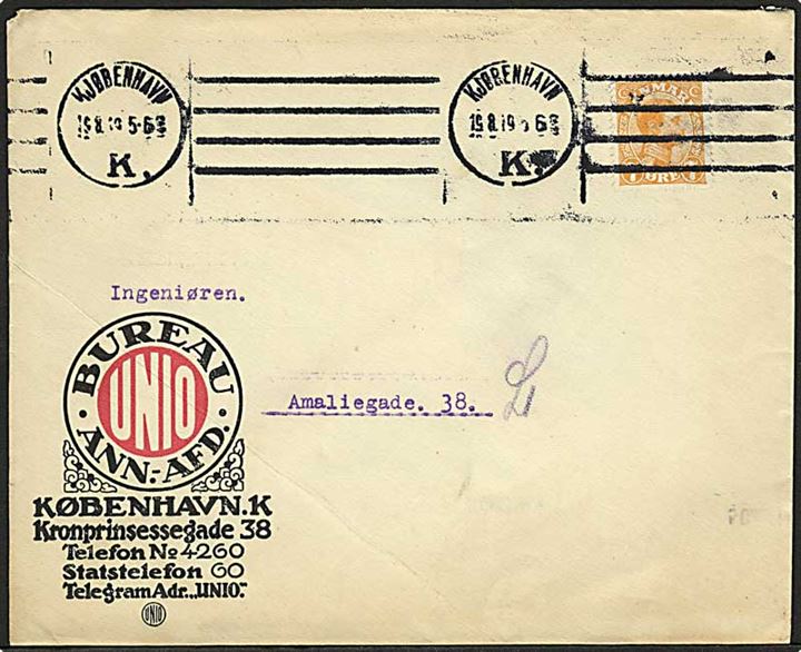 7 øre Chr. X på firmakuvert fra Bureau UNIO sendt lokalt i Kjøbenhavn d. 19.8.1919.