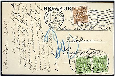 Ufrankeret brevkort fra Charlottenlund d. 1.7.1933 til Rungsted. Udtakseret i porto med 5 øre (par) og 10 øre Portomærke stemplet Rungsted Kyst d. 3.7.1933.