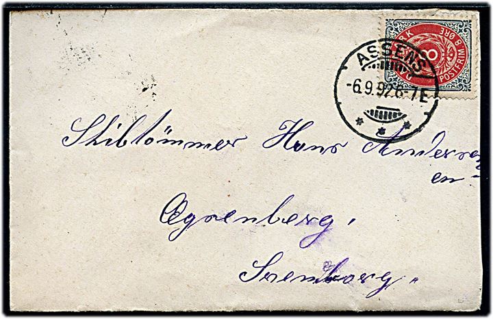8 øre Tofarvet på brev annulleret med brotype Ia Assens d. 6.9.1892 via Odense til Svendborg. 