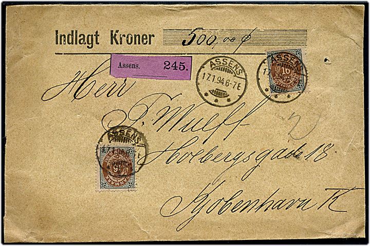 16 øre Tofarvet (2) 18. tryk omv. rm. på værdibrev fra Assens d. 17.1.1894 til Kjøbenhavn.