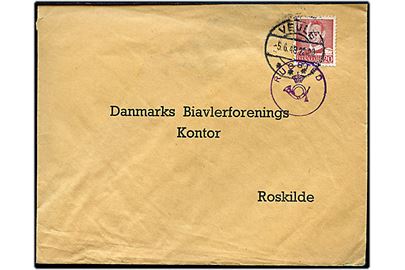 20 øre Fr. IX på brev annulleret Vejle d. 5.6.1948 og sidestemplet med posthornstempel RUGSTED til Roskilde.