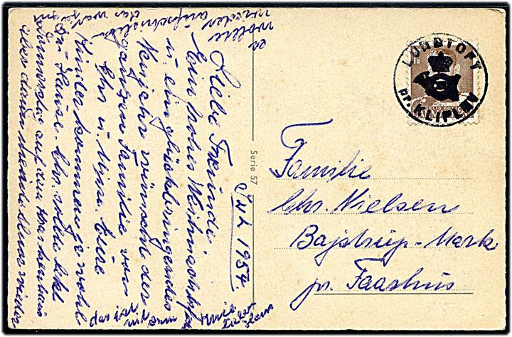20 øre Fr. IX på julekort 1954 annulleret med posthornstempel LUNDTOFT pr. KLIPLEV til Faarhus.