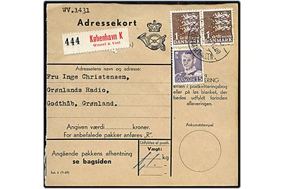 15 øre Fr. IX og 1 kr. Rigsvåben i parstykke med perfin WV på adressekort for pakke fra firma Th. Wessel & Vett annulleret København Postbanegaarden d. 15.5.1952 til Godthåb, Grønland.