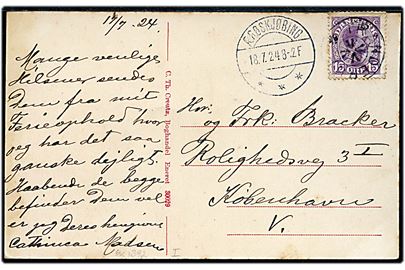 15 øre Chr. X på brevkort (Borgnæs mølle på Ærø) annulleret med stjernestempel TRANDERUP og sidestemplet Ærøskjøbing d. 18.7.1924 til København.