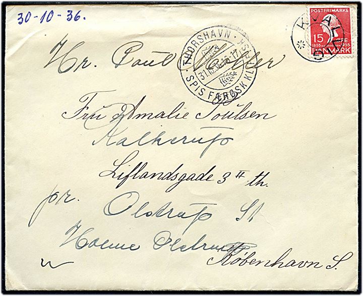 15 øre H. C. Andersen på brev annulleret med udslebet stjernestempel KVALVIG og sidestemplet med klipfiskstempel Thorshavn d. 31.10.1936 til København.