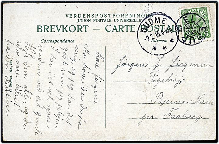 5 øre Chr. X på brevkort annulleret med stjernestempel ELLERUP og sidestemplet brotype IIIb Gudme d. 9.2.1915 til Bjerne Mark pr. Faaborg. Svag lodret fold.