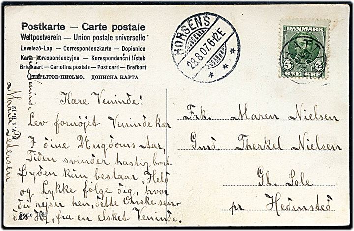 5 øre Fr. VIII på brevkort annulleret med stjernestempel HATTING og sidestemplet Horsens d. 28.8.1907 til Hedensted.
