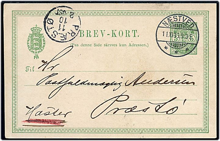 5 øre Våben helsagsbrevkort fra Næstved d. 11.10.1896 til Præstø. Påskrevet Haster men ikke takseret som ekspres. Ank.stemplet med lapidar Præstø d. 11.10.1896.