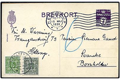7 øre helsagsbrevkort sendt underfrankeret fra Hellerup d. 10.5.1938 til Svaneke på Bornholm. Udtakseret i porto med 1 øre og 5 øre Portomærke stemplet Svaneke d. 11.5.1938.