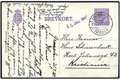 15 øre Chr. X helsagsbrevkort (fabr. 74-H) fra Graasten annulleret med bureaustempel Sønderborg - Tønder sn2 T.1420 d. 21.7.1924 til Kristiania, Norge.