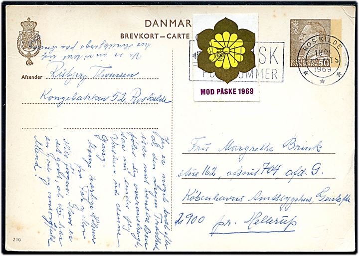 50 øre Fr. IX helsagsbrevkort (fabr. 210) med Mod Påske 1969 mærkat fra Roskilde d. 12.3.1969 til Hellerup.