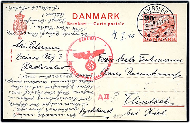 25/20 øre provisorisk helsagsbrevkort (fabr. 133) fra Haderslev d. 3.1.1941 til Flintbek pr. Kiel, Tyskland. Tysk censur fra Hamburg.