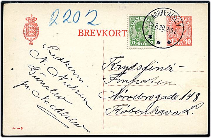 10 øre Chr. X helsagsbrevkort (fabr. 54-M) opfrankeret med 5 øre Chr. X annulleret med brotype IIIb Nørre-Alslev d. 25.8.1920 til København.
