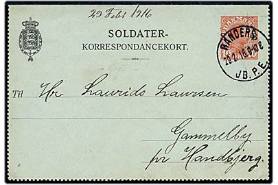 10 øre Soldater-korrespondancekort fra Randers d. 29.2.1916 (skuddag) til Gammelby pr. Handbjerg.