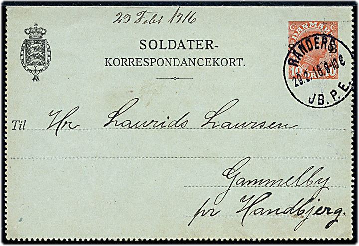 10 øre Soldater-korrespondancekort fra Randers d. 29.2.1916 (skuddag) til Gammelby pr. Handbjerg.