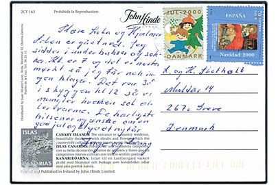 Spansk 70 cts. Juleudg. og dansk Julemærke 2000 på brevkort fra St. Cruz Tenerife d. 15.12.2000 til Greve, Danmark.