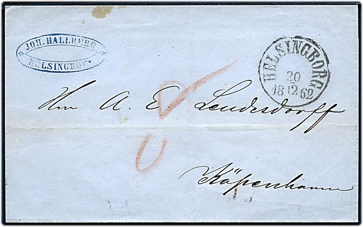 1862. Portobrev fra Helsingborg d. 20.12.1862 til Kjøbenhavn, Danmark. Påskrevet 8 sk. porto.