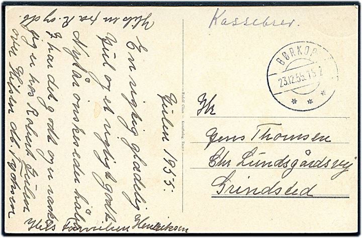 Ufrankeret julekort fra Børkop d. 23.12.1955 til Grindsted. Påskrevet Kassebrev men ikke udtakseret i porto.