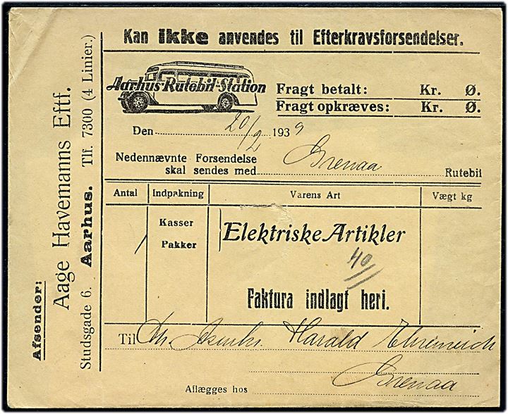 Aarhus Rutebil Station fortrykt fragtbrev kuvert anvendt fra Aarhus d. 20.2.1939 til Grenaa.