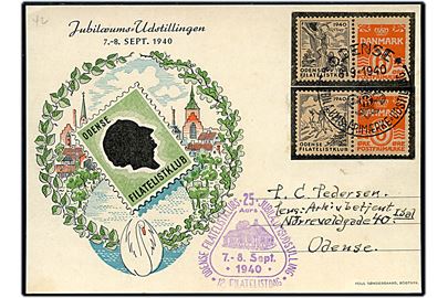 6 øre helsagsafklip med privat tiltrykt udstillingsmærker (2) på brevkort annulleret med særstempel Odense Jubilæums-Frimærke-Udstilling d. 8.9.1940 til Odense.