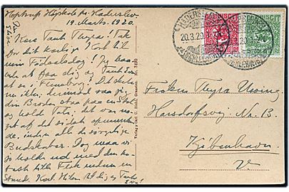 5 pfg. og 10 pfg. Fælles udg. på brevkort stemplet Hadersleben *(Schleswig)1* d. 20.3.1920 til København, Danmark.