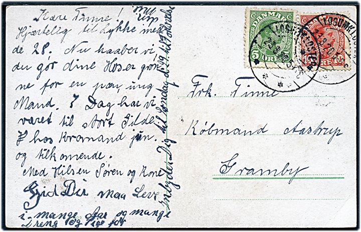 5 øre og 10 øre Chr. X på brevkort annulleret med brotype IIb Løgumkloster sn2 d. 23.8.1920 til Gramby.