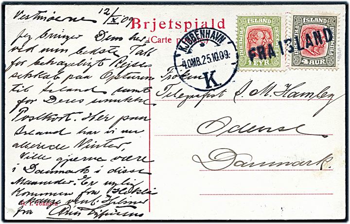 1 eyr og 4 aur To Konger på brevkort (Vestmannaeyjar) dateret på Vestmannaøerne d. 12.10.1909 annulleret med skibsstempel Fra Island og sidestemplet Kjøbenhavn d. 25.10.1909 til Odense, Danmark.