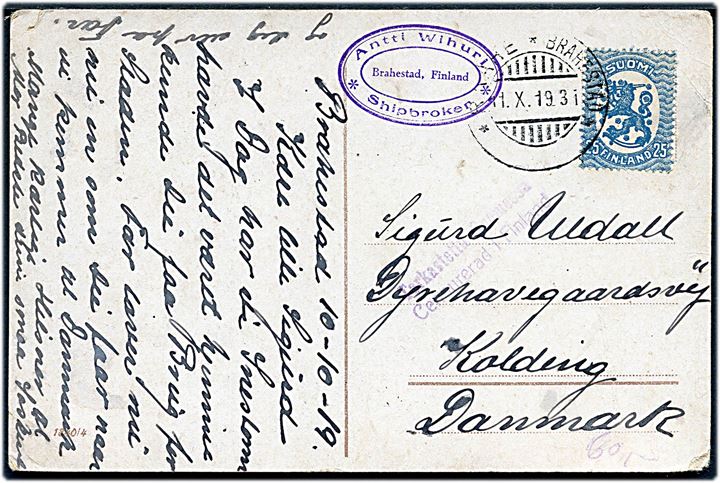 25 pen. Løve på brevkort annulleret med udslebet 2-sproget stempel i Brahestad d. 11.10.1919 til Kolding, Danmark. Violet 2-sproget borgerkrigscensur.