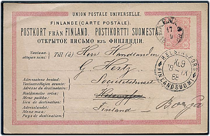 10 pen. helsagsbrevkort fra Ekenes d. 17.9.1888 til Helsingfors - eftersendt til Borgå.