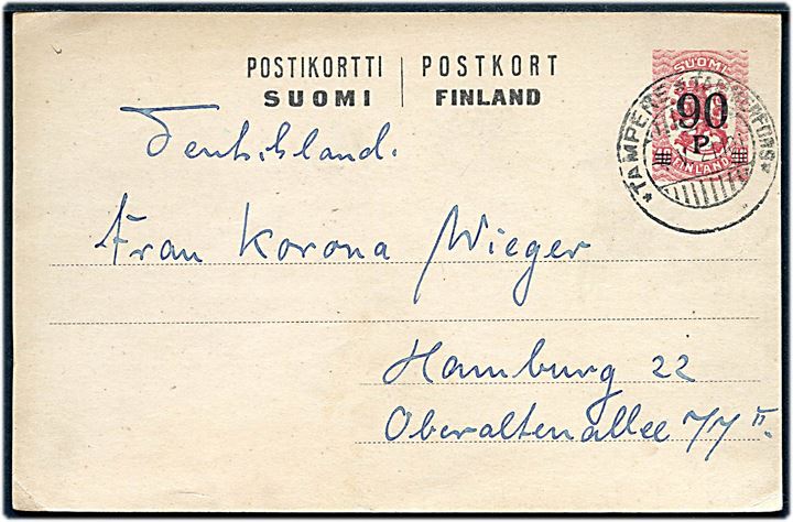 90/40 pen. provisorisk helsagsbrevkort fra Tammerfors d. 4.5.1921 til Hamburg, Tyskland.