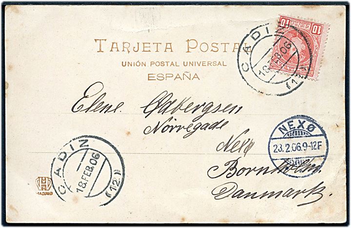 10 cts. på brevkort fra Cadiz d. 18.2.1906 til Neksø, Bornholm. 
