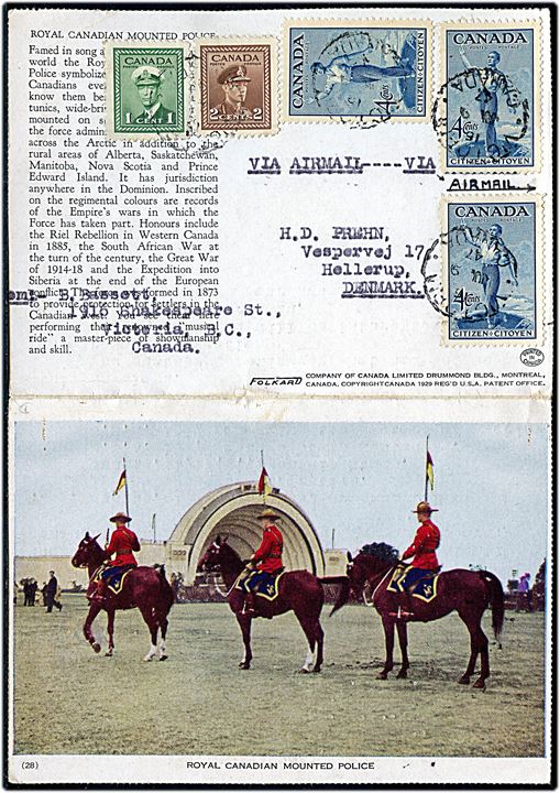 1 c., 2 c. George VI og 4 c. Citizen (3) på illustreret korrespondancekort fra Victoria d. 9.6.1947 til Hellerup, Danmark.