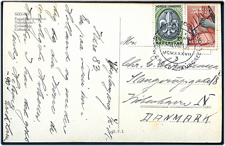 1½ c. og 6 c. Jamboree udg. på brevkort annulleret med spejderstempel fra 5. Verdensjamboree i Vogelenzang d. 4.8.1937 til København, Danmark.