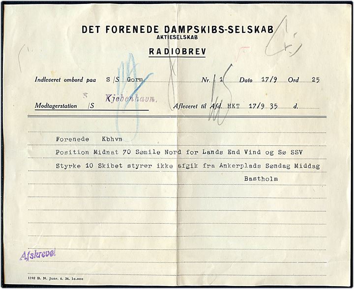 Det Forende Dampskibs-Selskab internt Radiobrev med meddelelse fra S/S Gorm via provinsbåden S/S Kjøbenhavn d. 17.9.1935 til Hovedkontoret i København. Formular 1192 B.N. Junr. 6.34. 10.000.