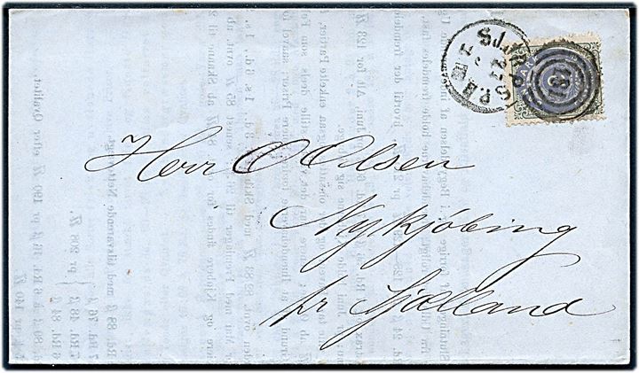 2 sk. Tofarvet på markedsberetning fra Kjøbenhavn sendt som tryksag og annulleret med kombineret nr.-stempel 181SJ.JB.P.SP.B. d. 27.5.1872 til Nykjøbing Sjælland.