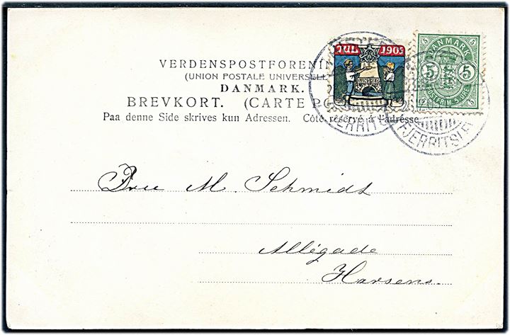 5 øre Våben og Julemærke 1905 på brevkort (Hilsen fra Hillerslev med kirke) annulleret med bureaustempel Thisted - Fjerritslev T.1 d. 22.12.1905 til Horsens.