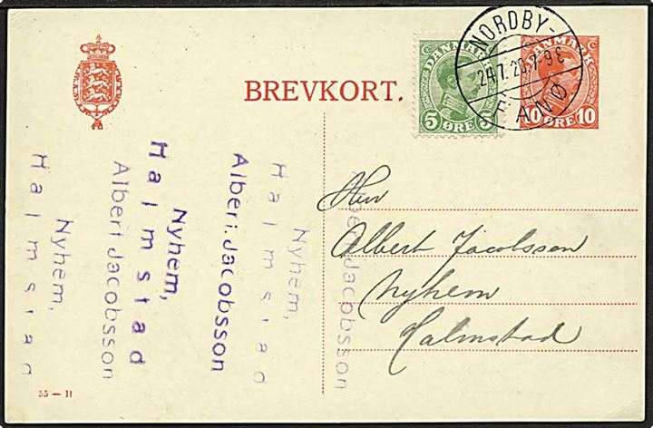 10 øre Chr. X helsagsbrevkort (fabr. 55-H) opfrankeret med 5 øre Chr. X og annulleret med smukt brotype IIb stempel Nordby - Fanø d. 24.7.1920 til Halmstad, Sverige.