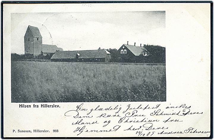 5 øre Våben og Julemærke 1905 på brevkort (Hilsen fra Hillerslev med kirke) annulleret med bureaustempel Thisted - Fjerritslev T.1 d. 22.12.1905 til Horsens.