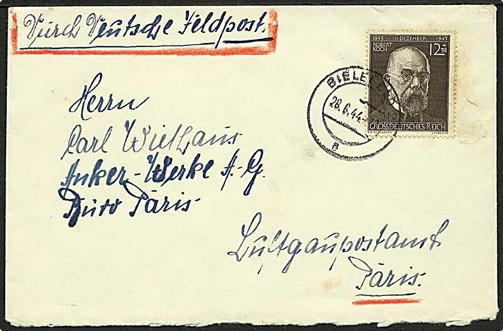 12+38 pfg. Robert Koch sigle på brev fra Bielefeld d. 28.6.1944 til Anker-Werk A.-G., Büro Paris, Luftgaupostamt Paris. Påskrevet: Durch Deutsche Feldpost.
