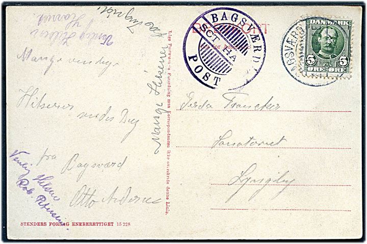 5 øre Fr. VIII på brevkort annulleret Bagsværd d. 26.6.1911 og sidestemplet Bagsværd / Sct. Hans / Post til Lyngby. Sendt fra den kombinerede Børnehjælpsdag og Sct. Hans fest i Aldershvile Slotspark d. 26.6.1911.