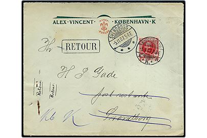 10 øre Fr. VIII på fortrykt firmakuvert fra Alex Vincent Kunst Forlag i Kjøbenhavn d. 5.9.1907 til poste restante i Svendborg. Retur med påtegtning ikke afhentet.