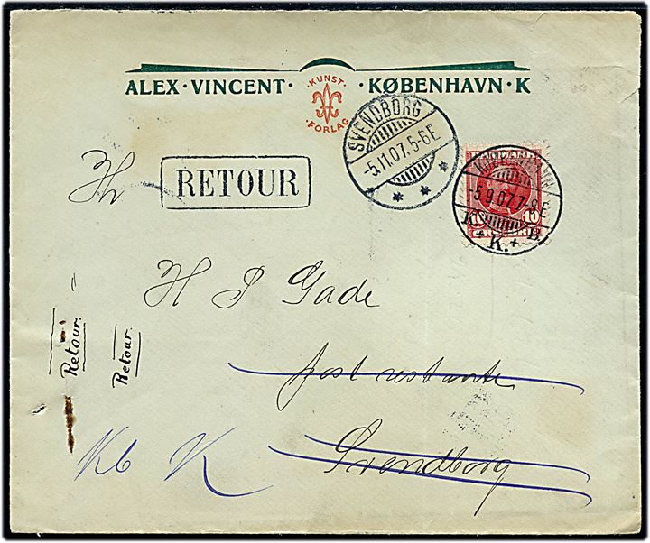 10 øre Fr. VIII på fortrykt firmakuvert fra Alex Vincent Kunst Forlag i Kjøbenhavn d. 5.9.1907 til poste restante i Svendborg. Retur med påtegtning ikke afhentet.