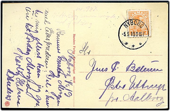 7 øre Chr. X, med variant Midterstreg i E sammenhængende med fodstreg (pos. 30 i arket), på brevkort fra Nyborg d. 5.5.1919 til Østre Uttrup pr. Aalborg.