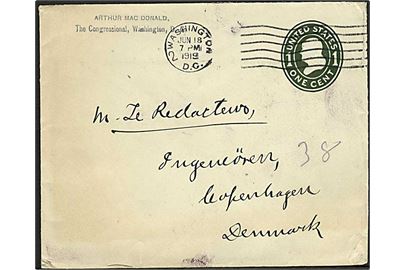 1 cent helsagskuvert sendt som tryksag fra Washington DC d. 18.6.1919 til København, Danmark.