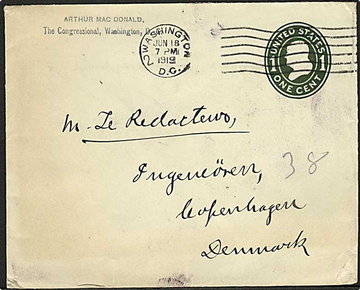 1 cent helsagskuvert sendt som tryksag fra Washington DC d. 18.6.1919 til København, Danmark.