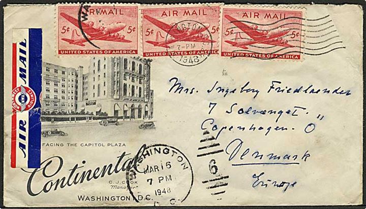 5 c. Transport (3) på illustreret hotelkuvert sendt som luftpost fra Washington DC d. 16.3.1948 til København, Danmark.