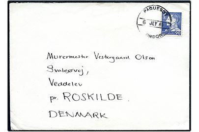 90 øre Fr. IX på fortrykt DFDS kuvert annulleret med britisk skibsstempel Paquebot London d. 6.7.1968 til Veddelev pr. Roskilde, Danmark. Fuldt indhold skrevet ombord på DFDS-båden M/S England.