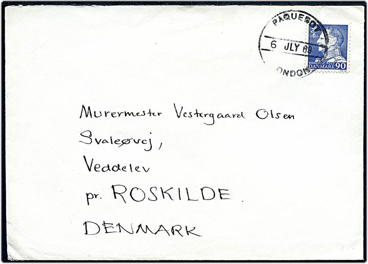90 øre Fr. IX på fortrykt DFDS kuvert annulleret med britisk skibsstempel Paquebot London d. 6.7.1968 til Veddelev pr. Roskilde, Danmark. Fuldt indhold skrevet ombord på DFDS-båden M/S England.