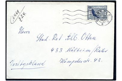 90 øre Dansk Sømandskirke single på brev fra Tønder d. 1.4.1969 til Mülheim, Tyskland.